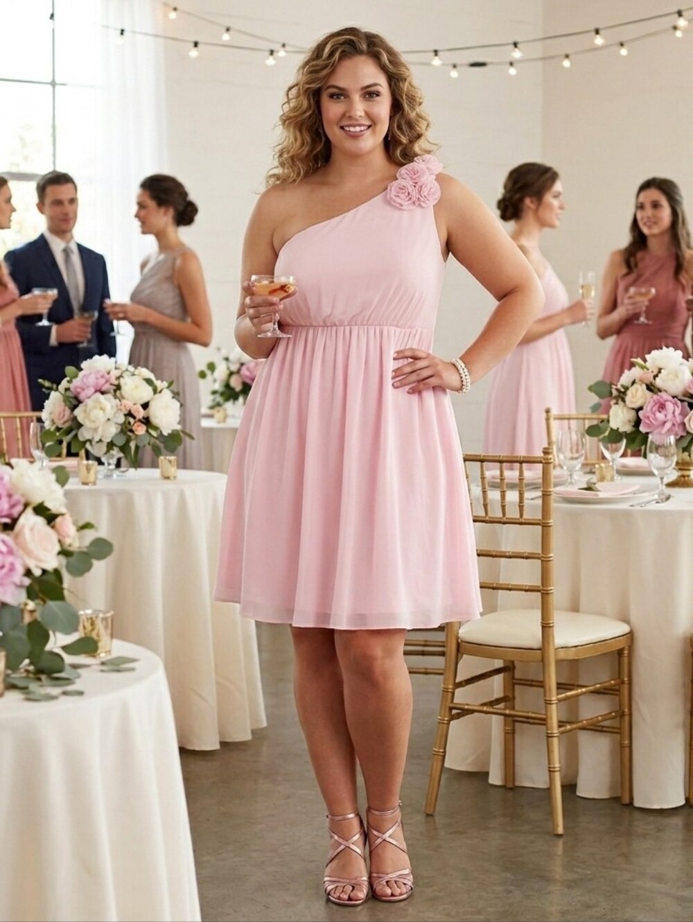 Tevolio Pink Chiffon One Shoulder Layered Dress XL Wedding Bridesmaid Party Mini